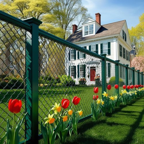 Low angle view of a green chain link fence with flowers around it and a nice house in the background in Camas.