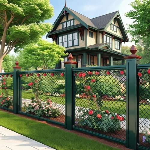 A stunning green chain link fence surround the front of a beautiful home in Camas.