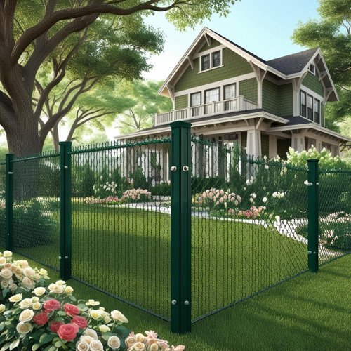 A tall green chain link fence with flowers surrounding it in Camas, Wa.