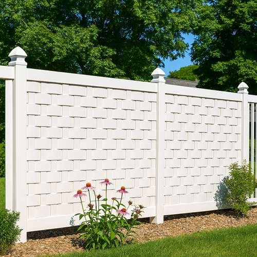 A white basket weave vinyl fence in Camas.