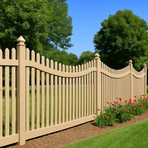A scalloped brown vinyl picket fence in Camas