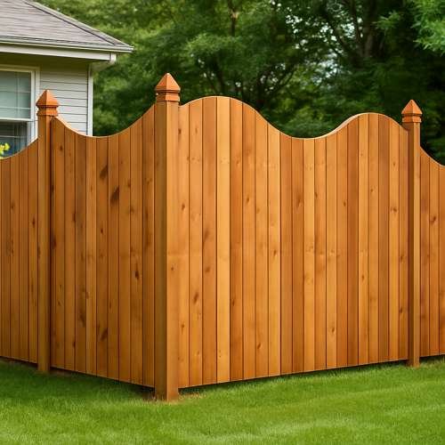 Unique curved top cedar wood fence in a backyard in Camas.