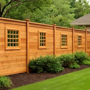 A cedar wood fence with windows in a yard in Camas Wa.