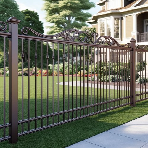 A tall strong wrought iron fence in a beautifully landscaped yard in Camas.