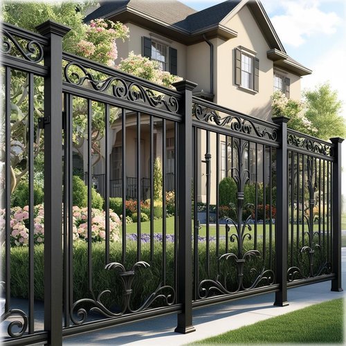 A black wrought iron fence in front of a large beautiful home in Camas.