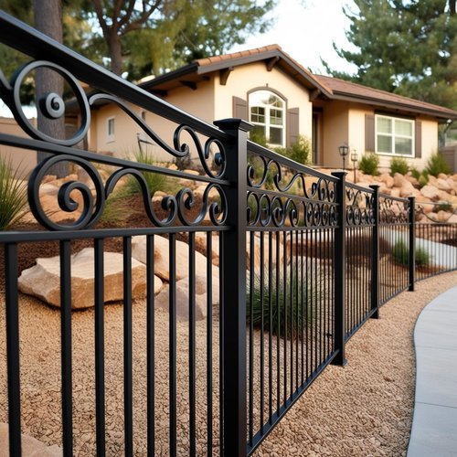 A beautiful wrought iron fence with rock and bark dust surrounding it and a nice single story house in Camas.